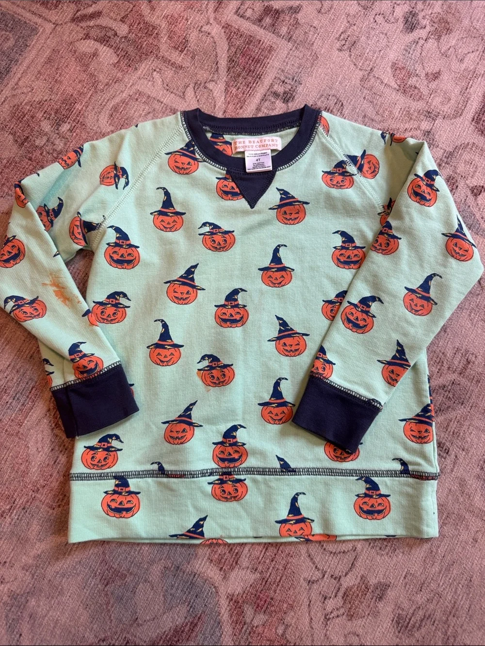Beaufort Bonnet Mint Green Sweatshirt with Orange Pumpkin Print